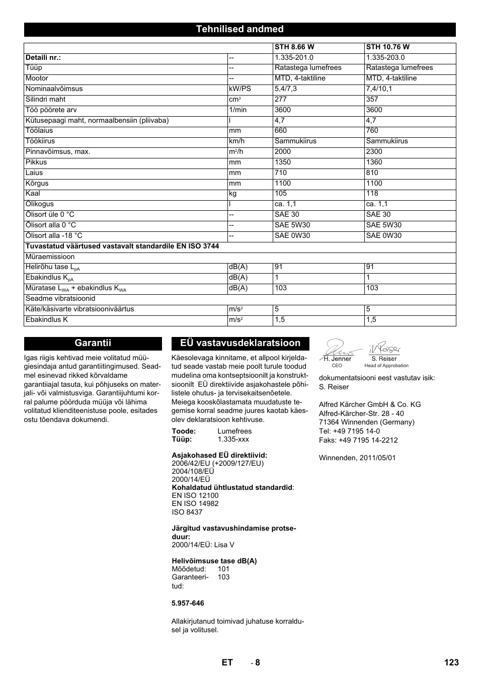 Tehnilised andmed, Garantii eü vastavusdeklaratsioon | Karcher STH 10-76 W User Manual | Page 123 / 136