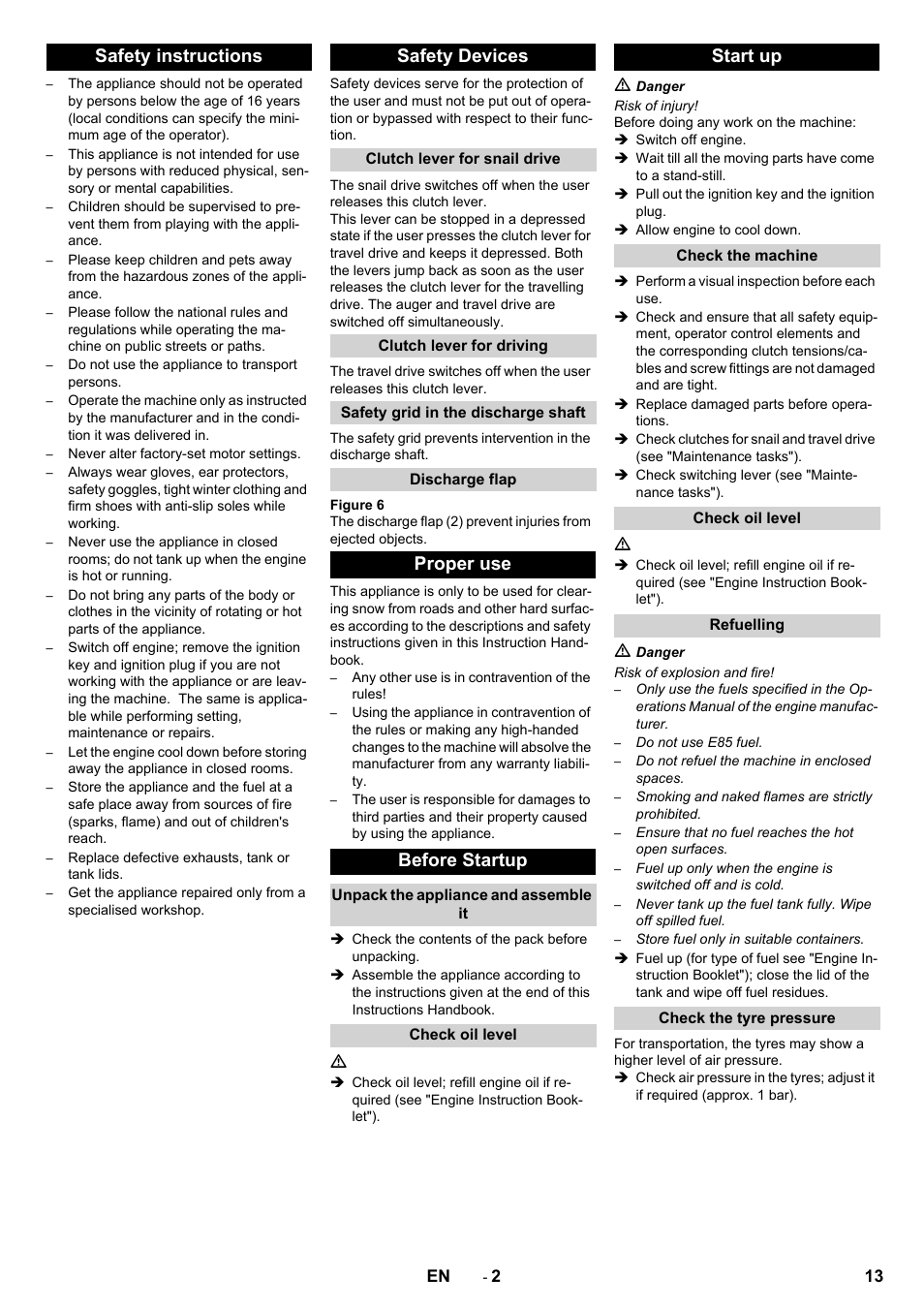 Safety instructions safety devices, Proper use before startup, Start up | Karcher STH 10-76 W User Manual | Page 13 / 136