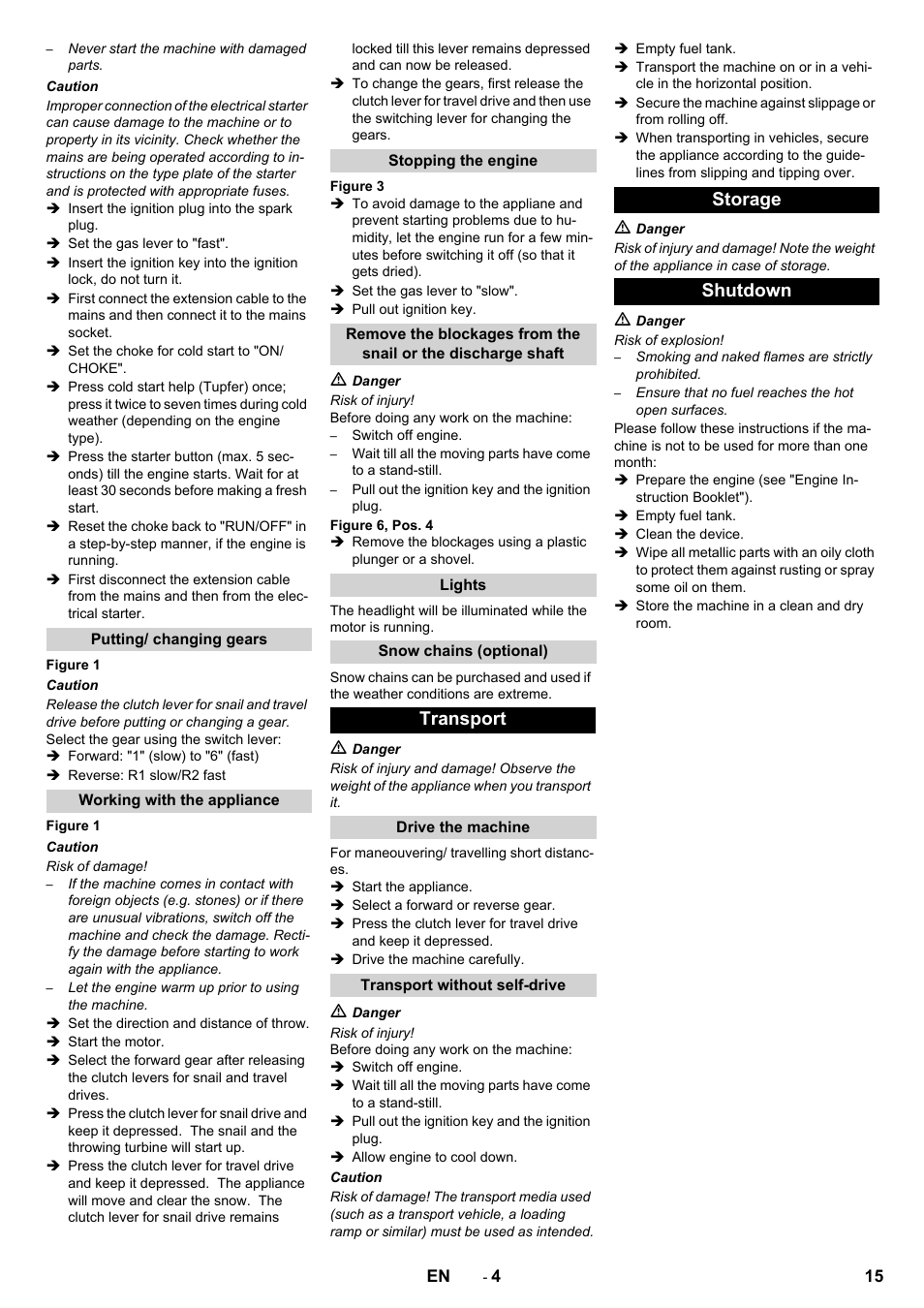 Transport, Storage shutdown | Karcher STH 10-76 W User Manual | Page 15 / 136