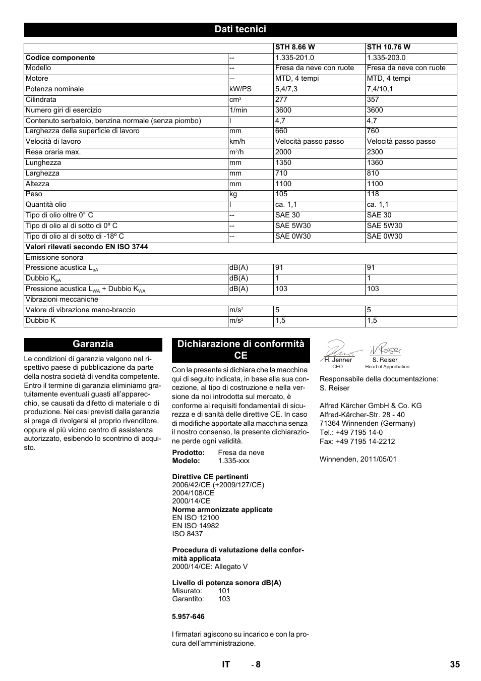 Dati tecnici, Garanzia dichiarazione di conformità ce | Karcher STH 10-76 W User Manual | Page 35 / 136