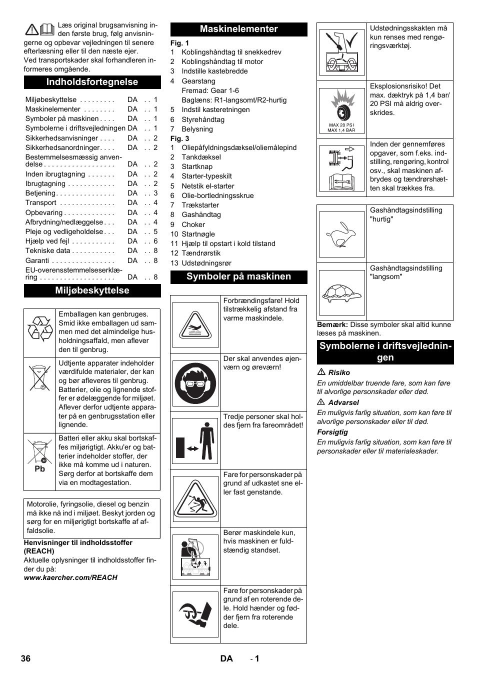 Dansk, Indholdsfortegnelse, Miljøbeskyttelse | Maskinelementer symboler på maskinen, Symbolerne i driftsvejlednin- gen | Karcher STH 10-76 W User Manual | Page 36 / 136