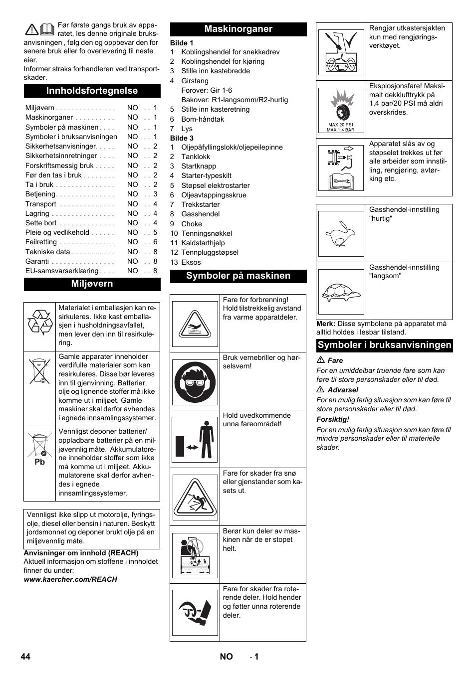 Norsk, Innholdsfortegnelse, Miljøvern | Maskinorganer symboler på maskinen, Symboler i bruksanvisningen | Karcher STH 10-76 W User Manual | Page 44 / 136