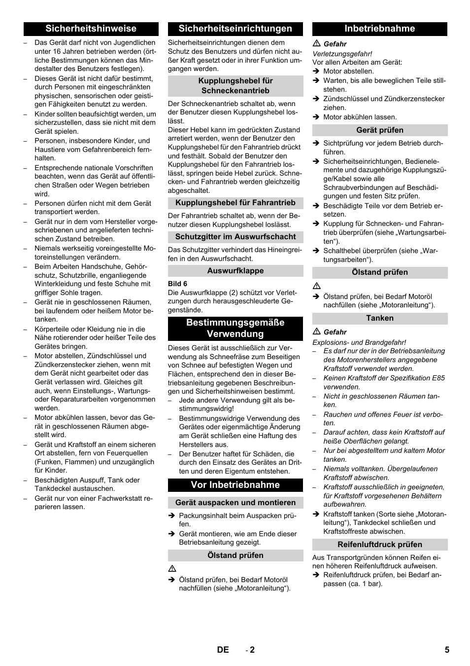 Sicherheitshinweise sicherheitseinrichtungen, Bestimmungsgemäße verwendung vor inbetriebnahme, Inbetriebnahme | Karcher STH 10-76 W User Manual | Page 5 / 136