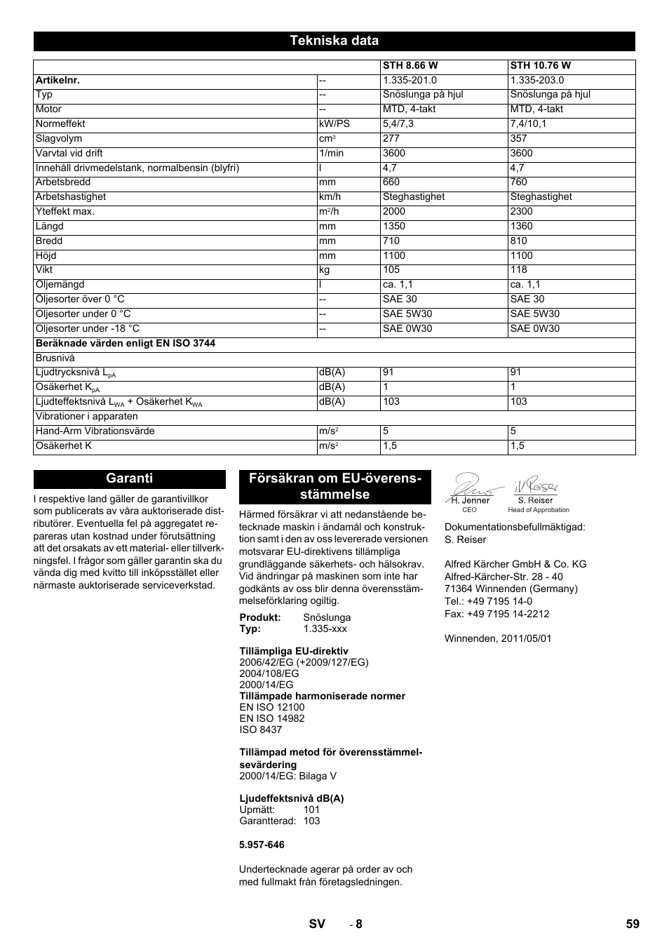 Tekniska data, Garanti försäkran om eu-överens- stämmelse | Karcher STH 10-76 W User Manual | Page 59 / 136