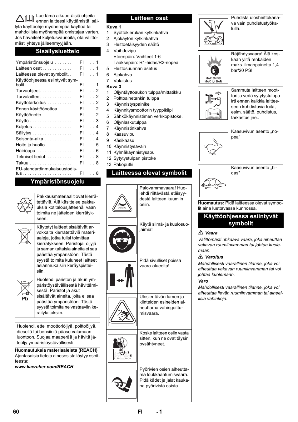 Suomi, Sisällysluettelo, Ympäristönsuojelu | Laitteen osat laitteessa olevat symbolit, Käyttöohjeessa esiintyvät symbolit | Karcher STH 10-76 W User Manual | Page 60 / 136