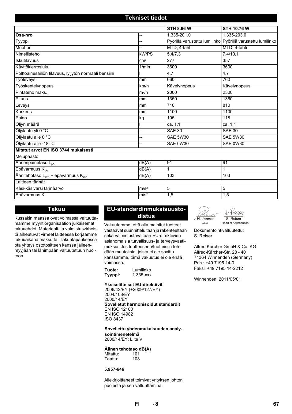 Tekniset tiedot, Takuu eu-standardinmukaisuusto- distus | Karcher STH 10-76 W User Manual | Page 67 / 136
