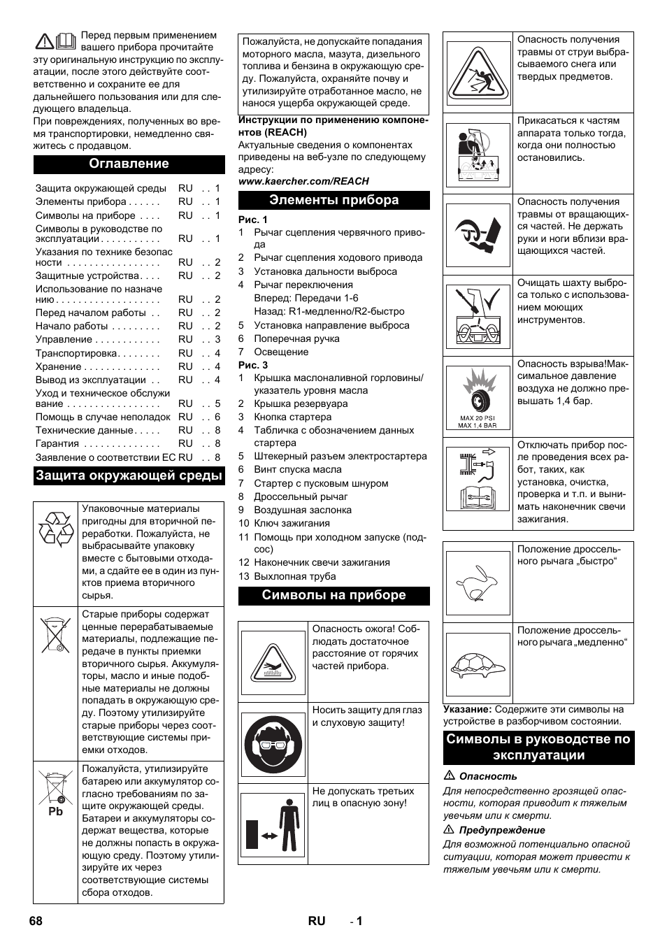 Русский, Оглавление, Защита окружающей среды | Элементы прибора символы на приборе, Символы в руководстве по эксплуатации | Karcher STH 10-76 W User Manual | Page 68 / 136
