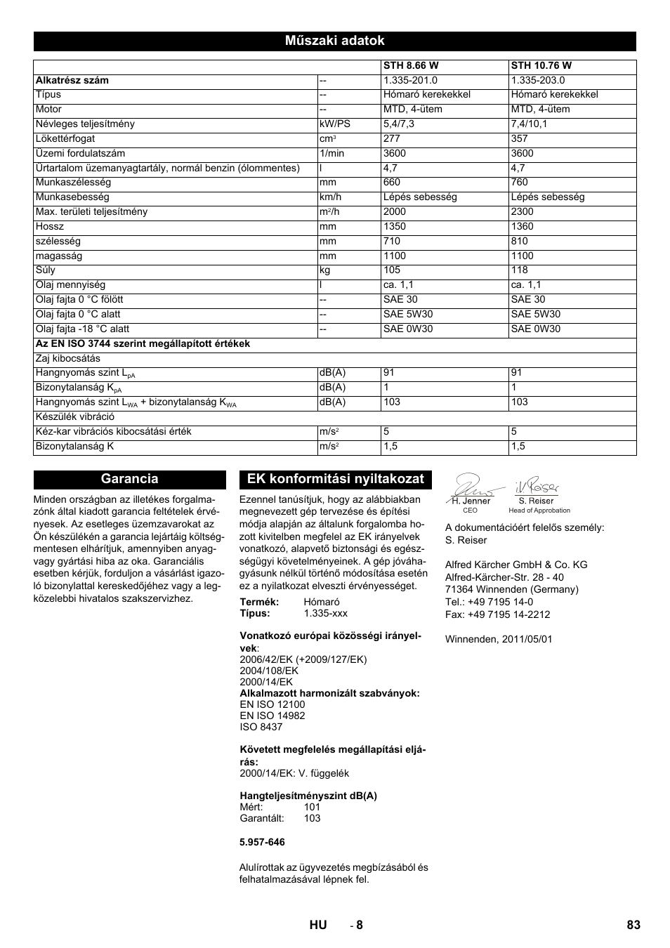 Műszaki adatok, Garancia ek konformitási nyiltakozat | Karcher STH 10-76 W User Manual | Page 83 / 136