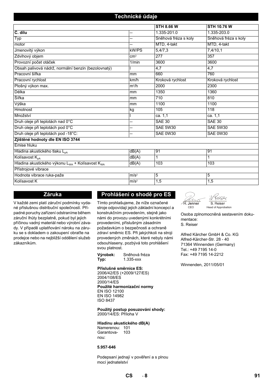 Technické údaje, Záruka prohlášení o shodě pro es | Karcher STH 10-76 W User Manual | Page 91 / 136