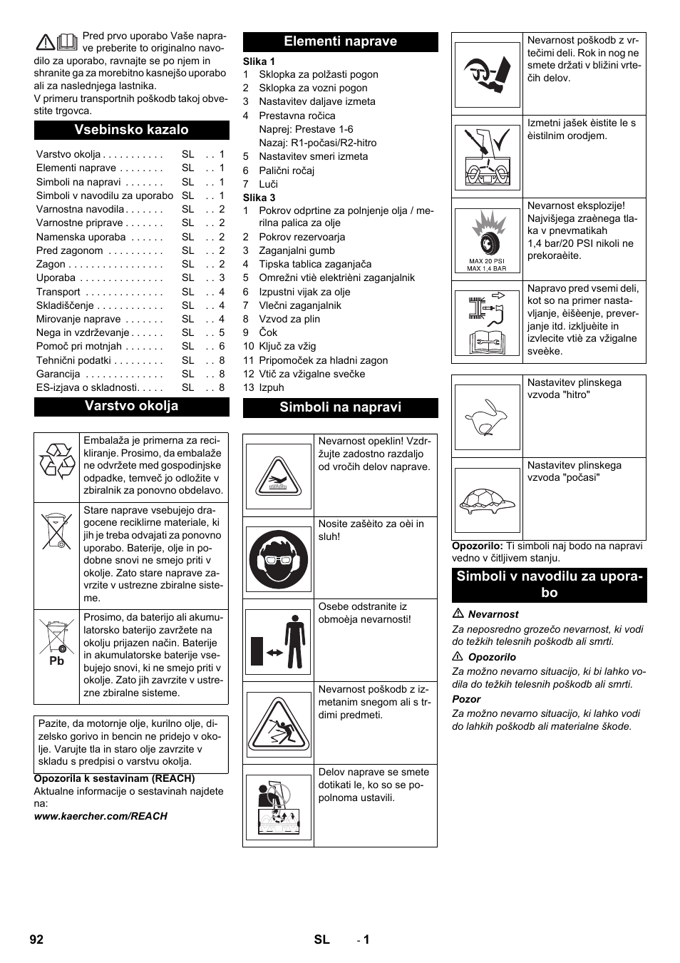 Slovenščina, Slovenšina, Vsebinsko kazalo | Varstvo okolja, Elementi naprave simboli na napravi, Simboli v navodilu za upora- bo | Karcher STH 10-76 W User Manual | Page 92 / 136