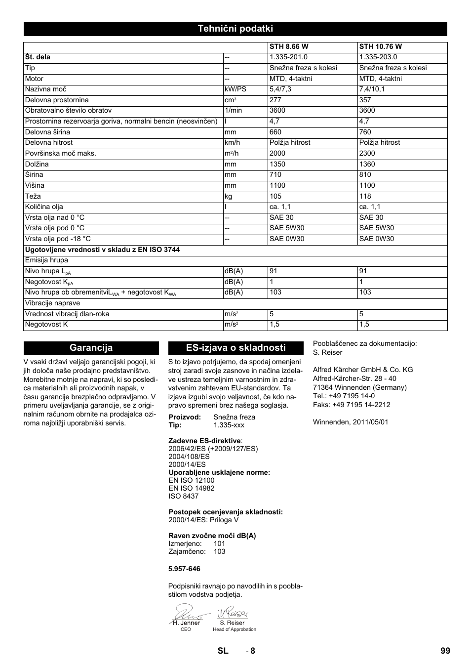 Tehnični podatki, Garancija es-izjava o skladnosti | Karcher STH 10-76 W User Manual | Page 99 / 136