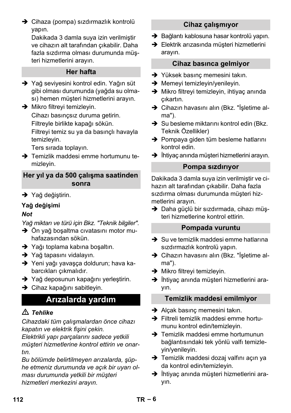 Arızalarda yardım | Karcher HD 10-25-4 Cage Plus User Manual | Page 112 / 238