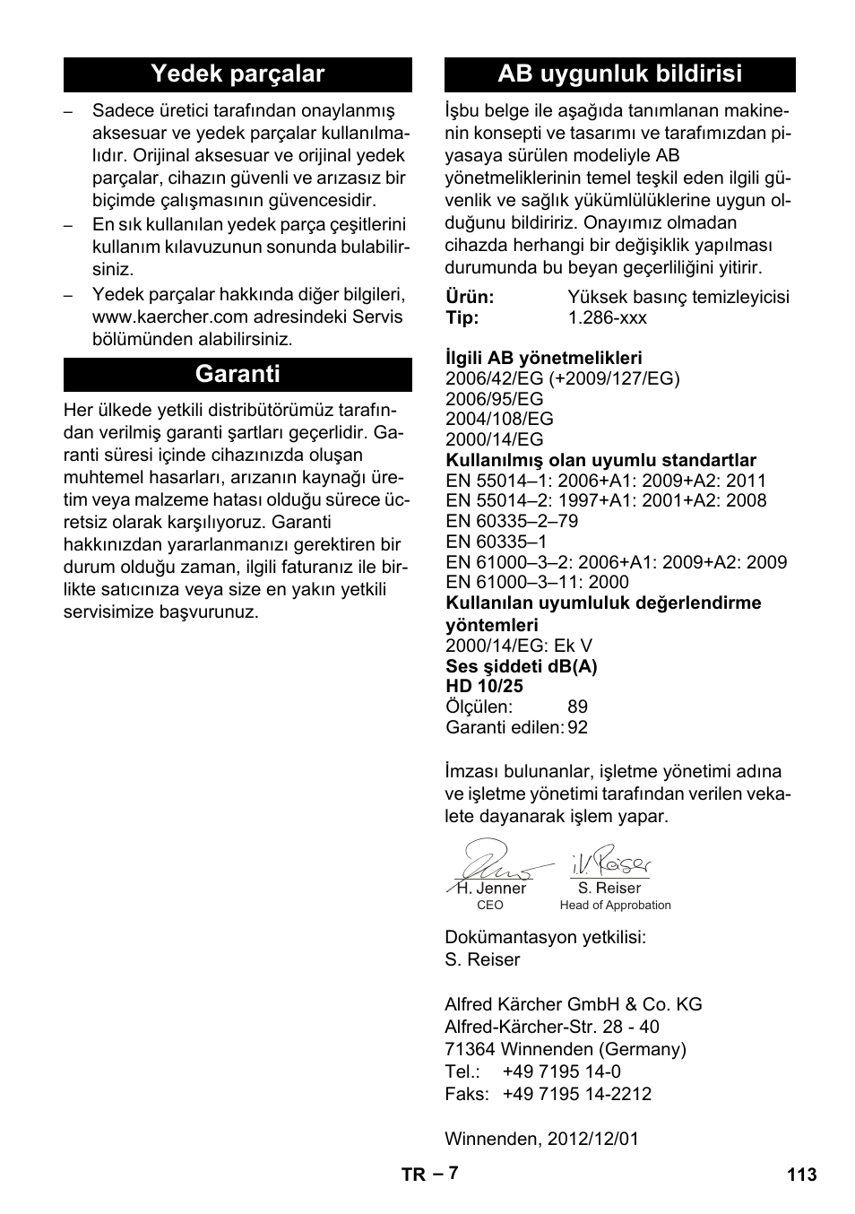 Yedek parçalar garanti ab uygunluk bildirisi | Karcher HD 10-25-4 Cage Plus User Manual | Page 113 / 238