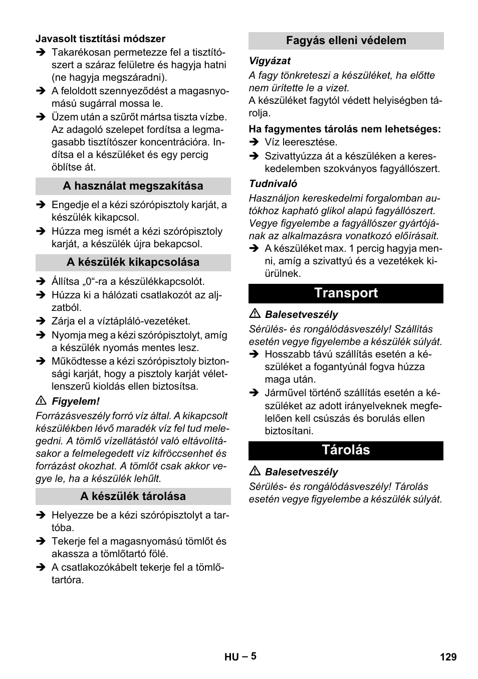 Transport tárolás | Karcher HD 10-25-4 Cage Plus User Manual | Page 129 / 238