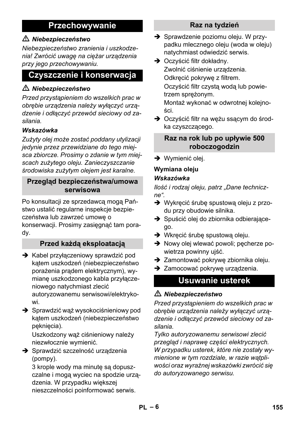 Przechowywanie czyszczenie i konserwacja, Usuwanie usterek | Karcher HD 10-25-4 Cage Plus User Manual | Page 155 / 238
