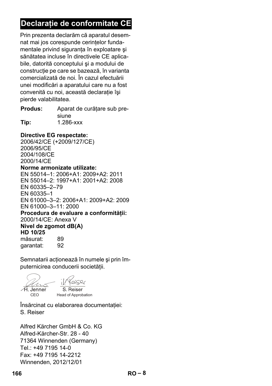 Declaraţie de conformitate ce | Karcher HD 10-25-4 Cage Plus User Manual | Page 166 / 238