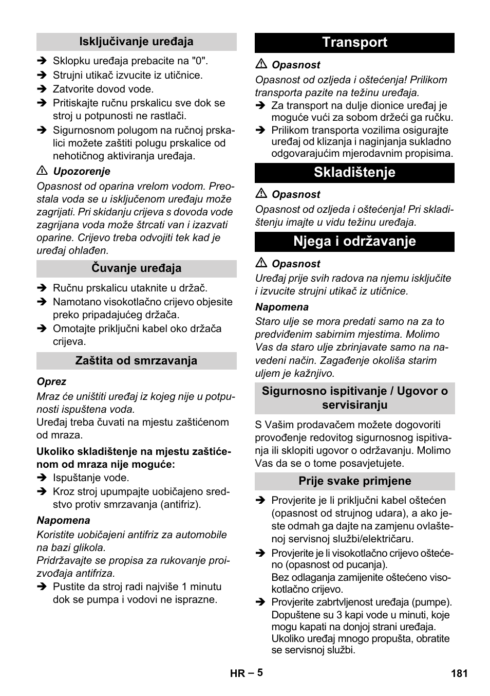 Transport skladištenje njega i održavanje | Karcher HD 10-25-4 Cage Plus User Manual | Page 181 / 238