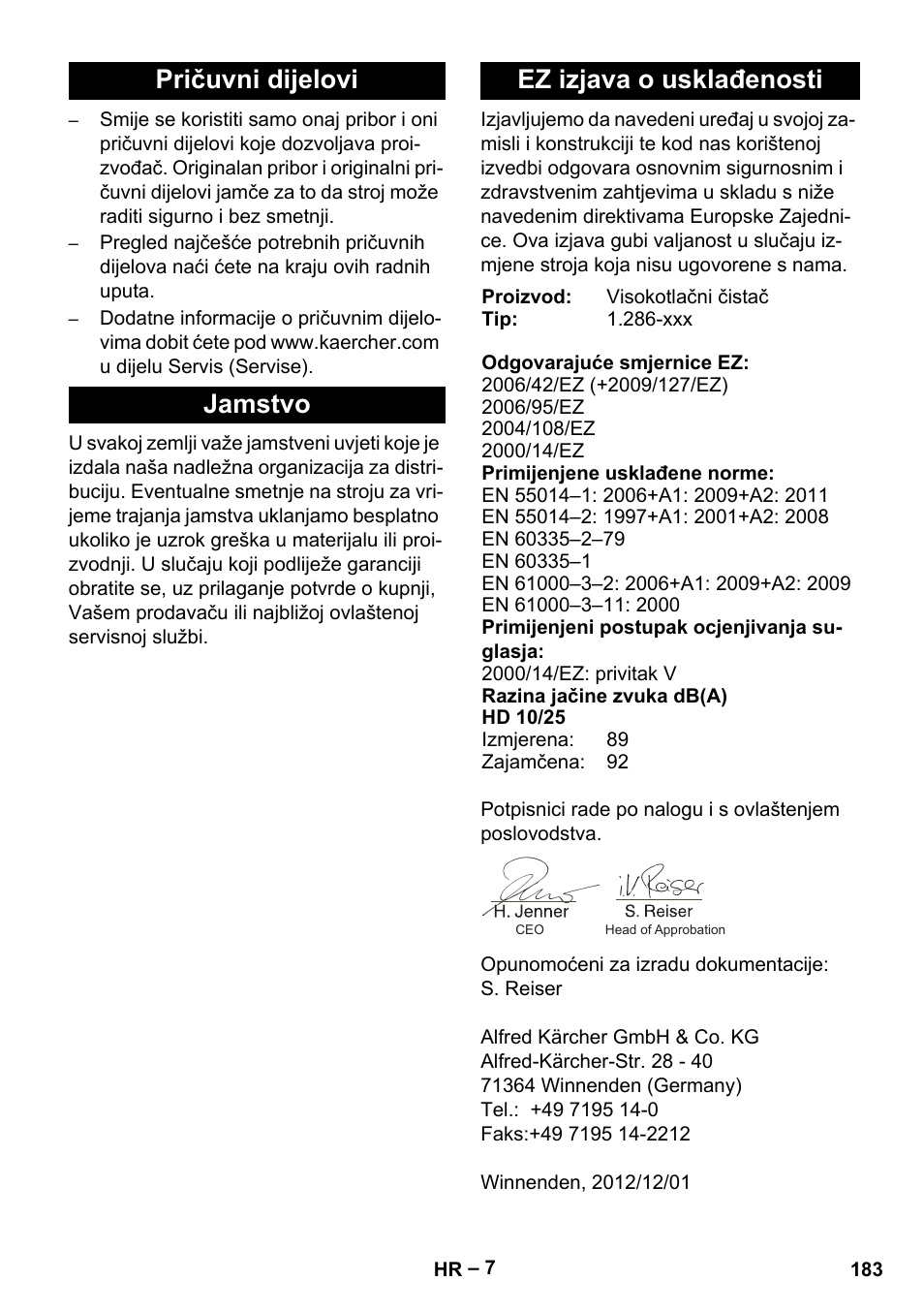 Pričuvni dijelovi jamstvo ez izjava o usklađenosti | Karcher HD 10-25-4 Cage Plus User Manual | Page 183 / 238