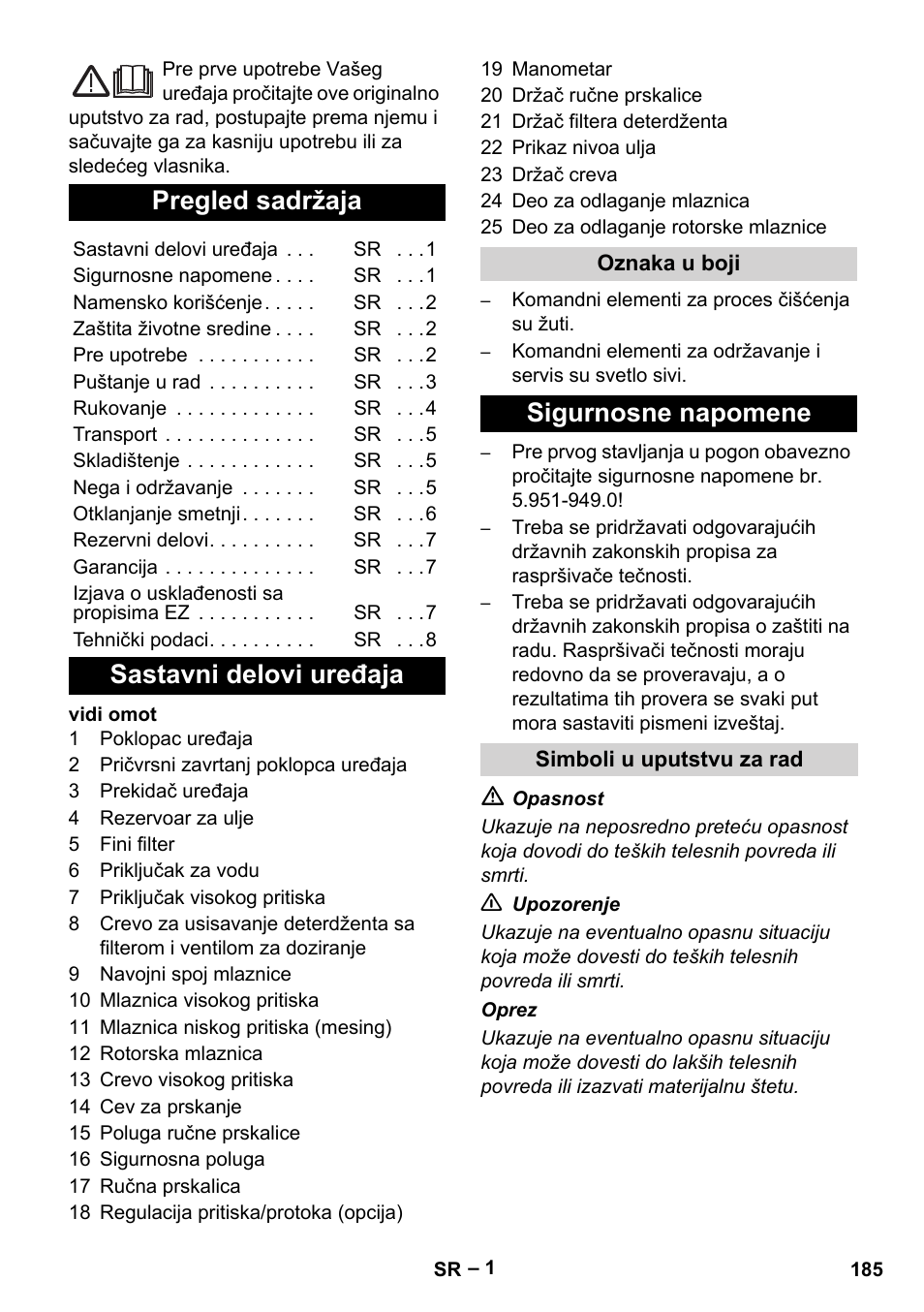 Srpski, Pregled sadržaja, Sastavni delovi uređaja | Sigurnosne napomene | Karcher HD 10-25-4 Cage Plus User Manual | Page 185 / 238