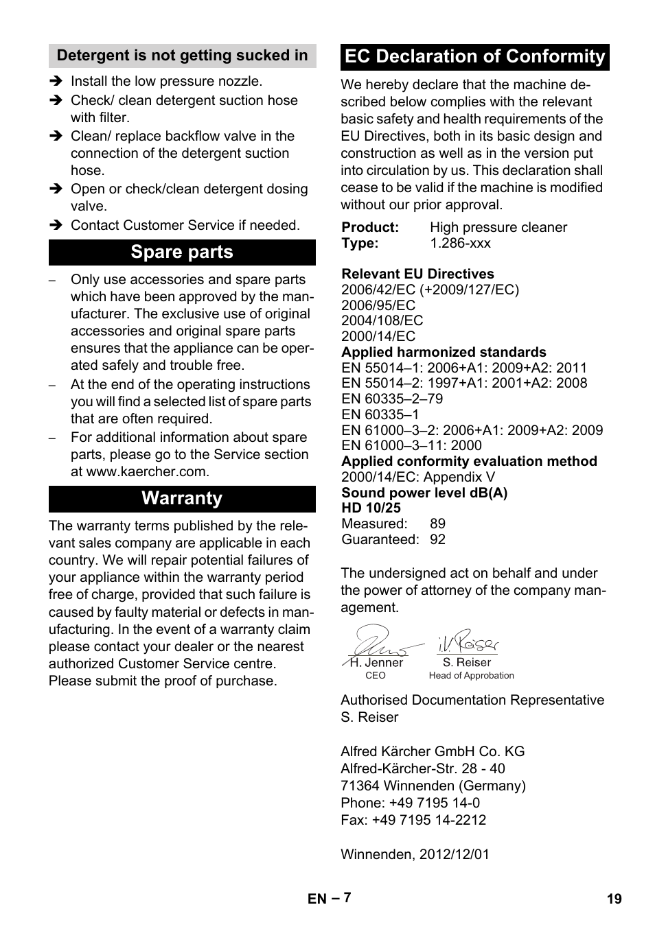 Spare parts warranty ec declaration of conformity | Karcher HD 10-25-4 Cage Plus User Manual | Page 19 / 238