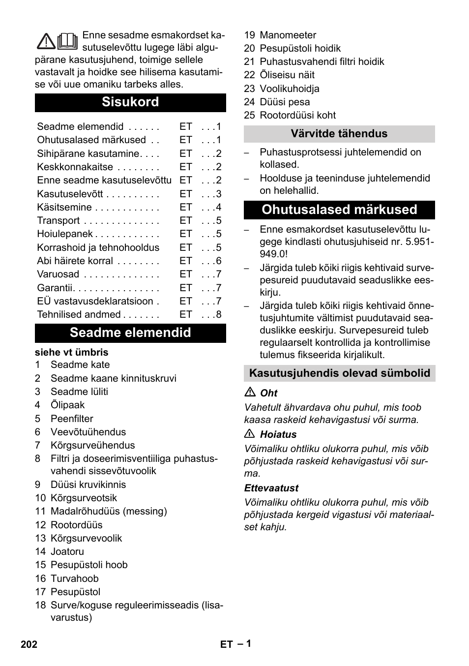 Eesti, Sisukord, Seadme elemendid | Ohutusalased märkused | Karcher HD 10-25-4 Cage Plus User Manual | Page 202 / 238