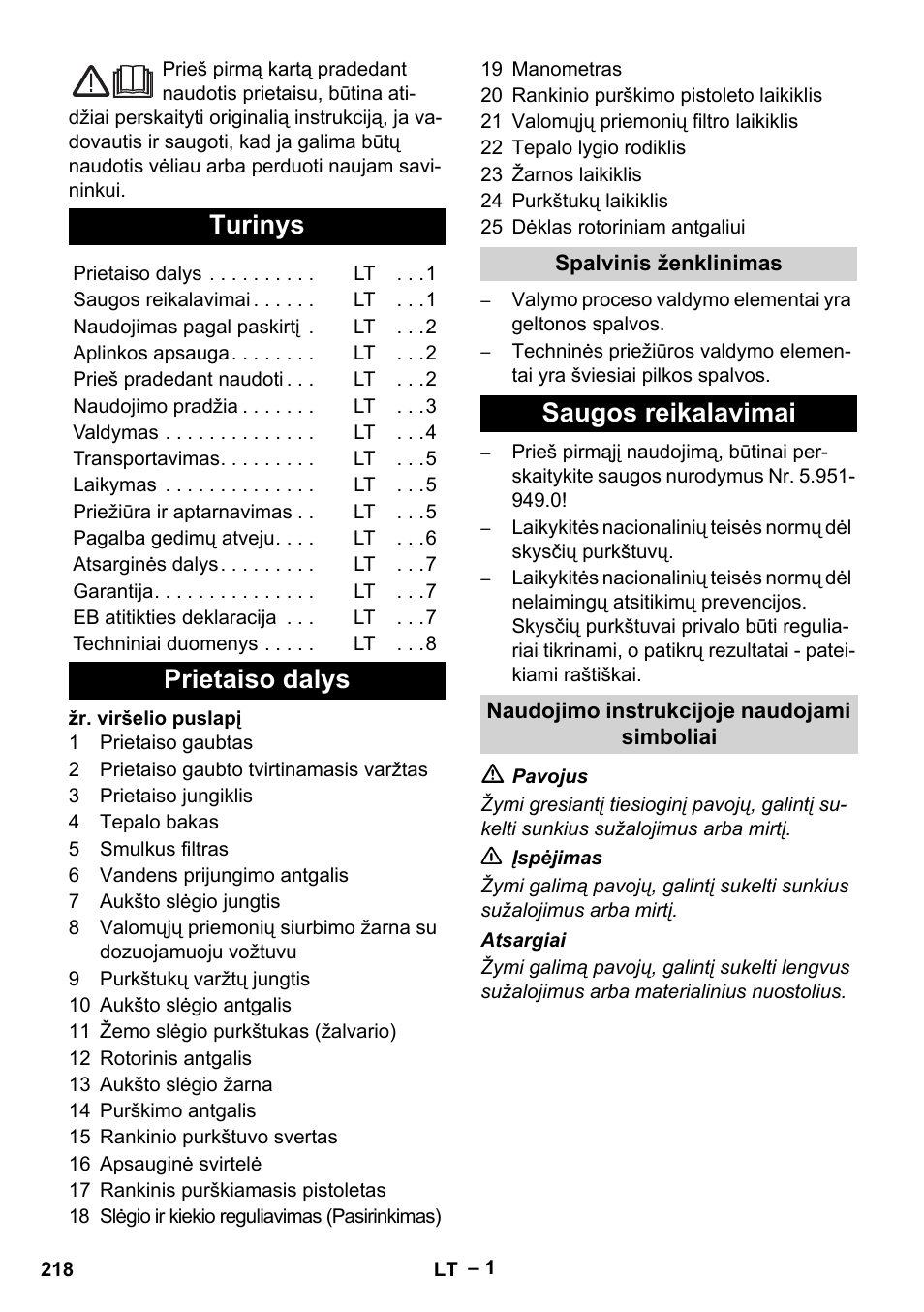 Lietuviškai, Turinys, Prietaiso dalys | Saugos reikalavimai | Karcher HD 10-25-4 Cage Plus User Manual | Page 218 / 238