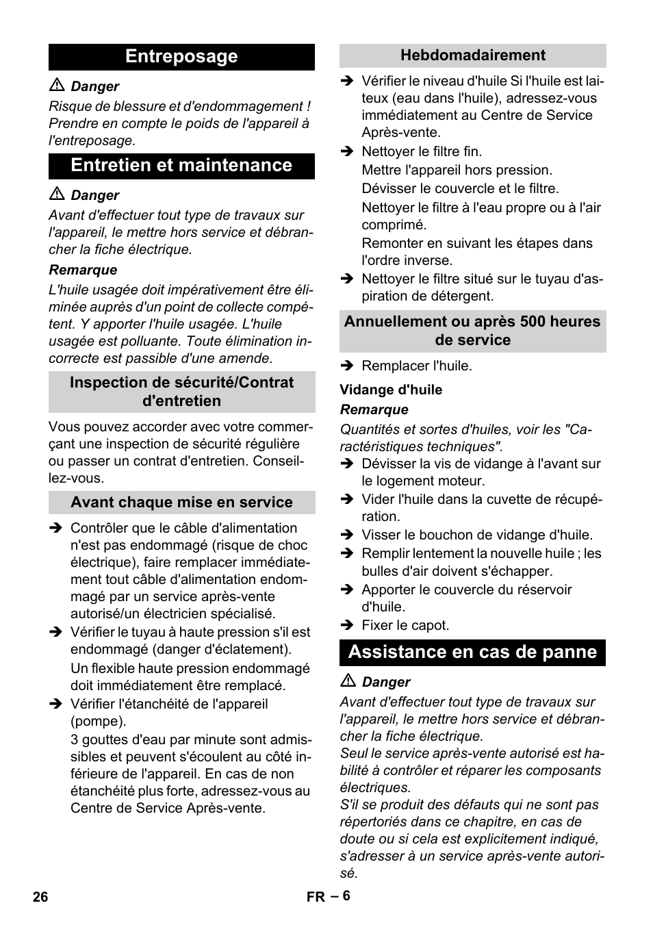 Entreposage entretien et maintenance, Assistance en cas de panne | Karcher HD 10-25-4 Cage Plus User Manual | Page 26 / 238