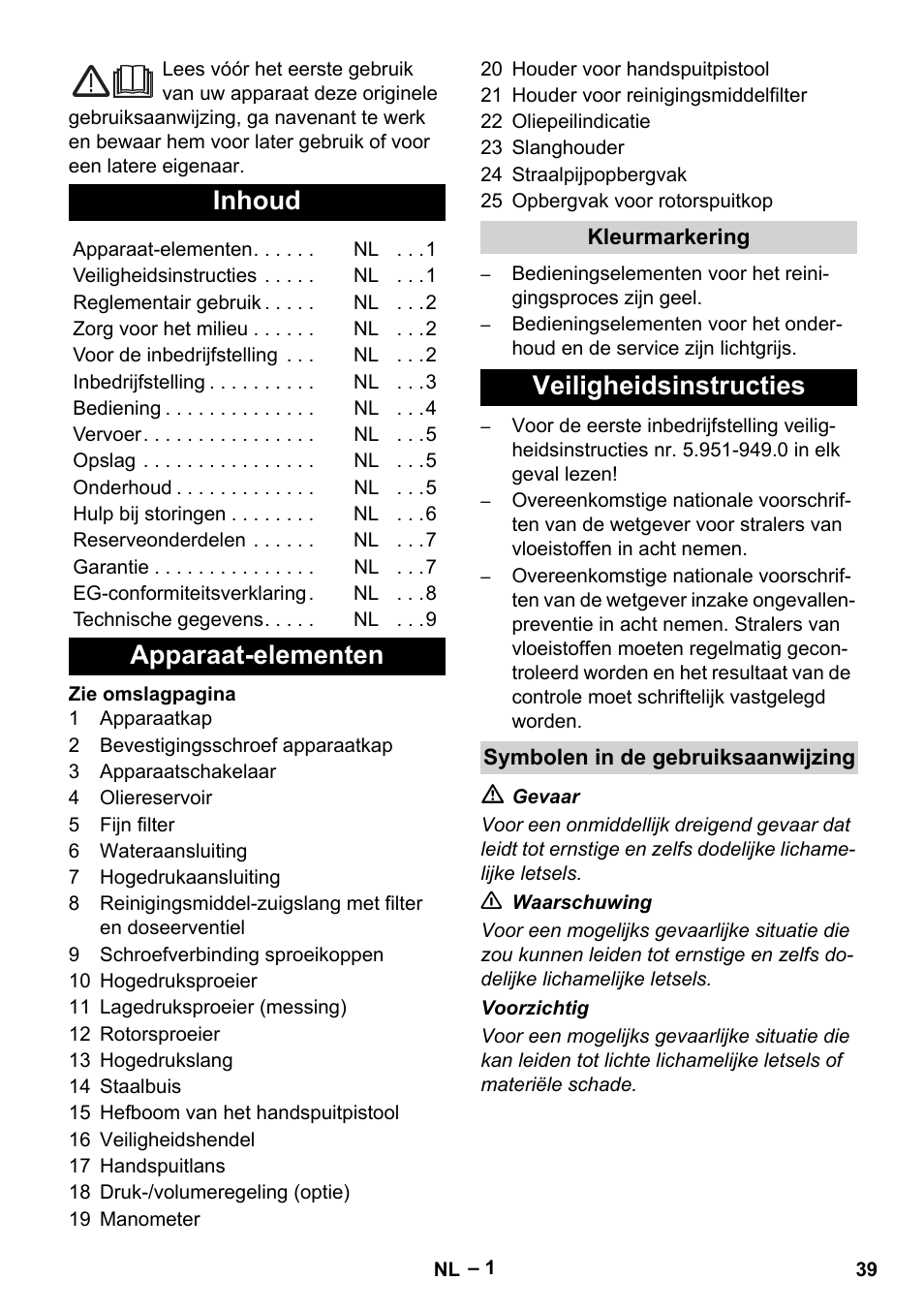 Nederlands, Inhoud, Apparaat-elementen | Veiligheidsinstructies | Karcher HD 10-25-4 Cage Plus User Manual | Page 39 / 238