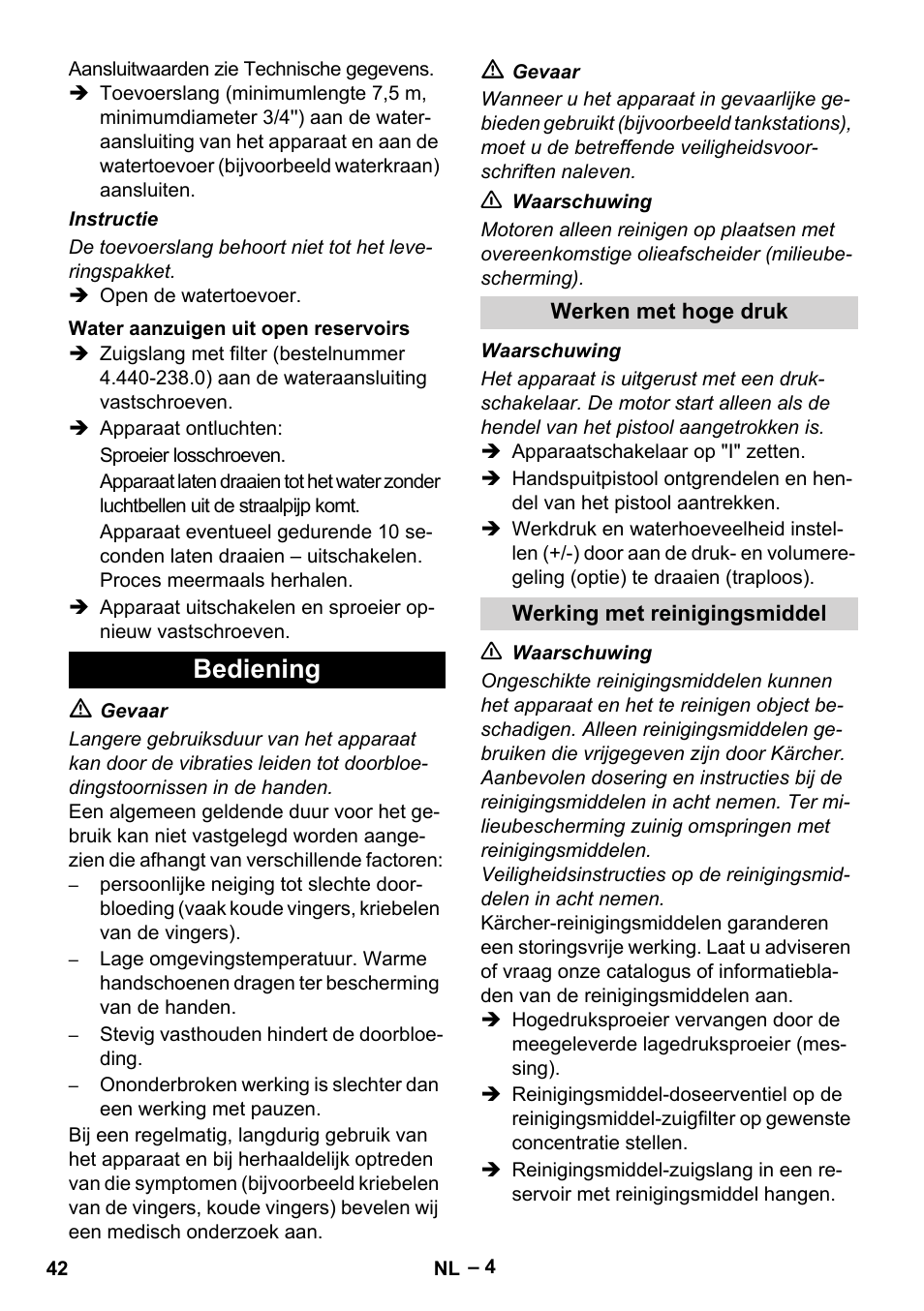 Bediening | Karcher HD 10-25-4 Cage Plus User Manual | Page 42 / 238