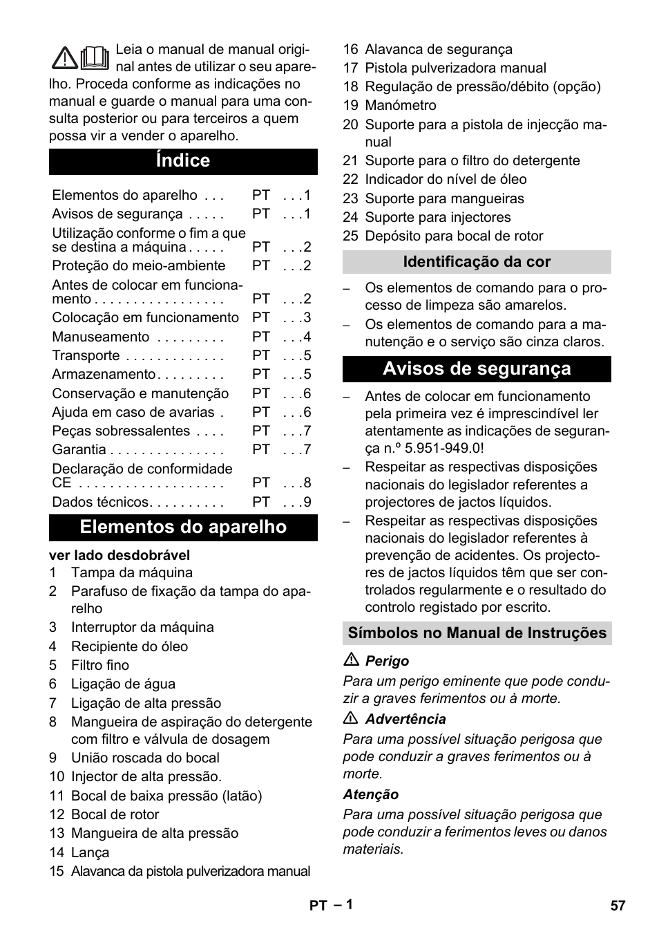 Português, Índice, Elementos do aparelho | Avisos de segurança | Karcher HD 10-25-4 Cage Plus User Manual | Page 57 / 238