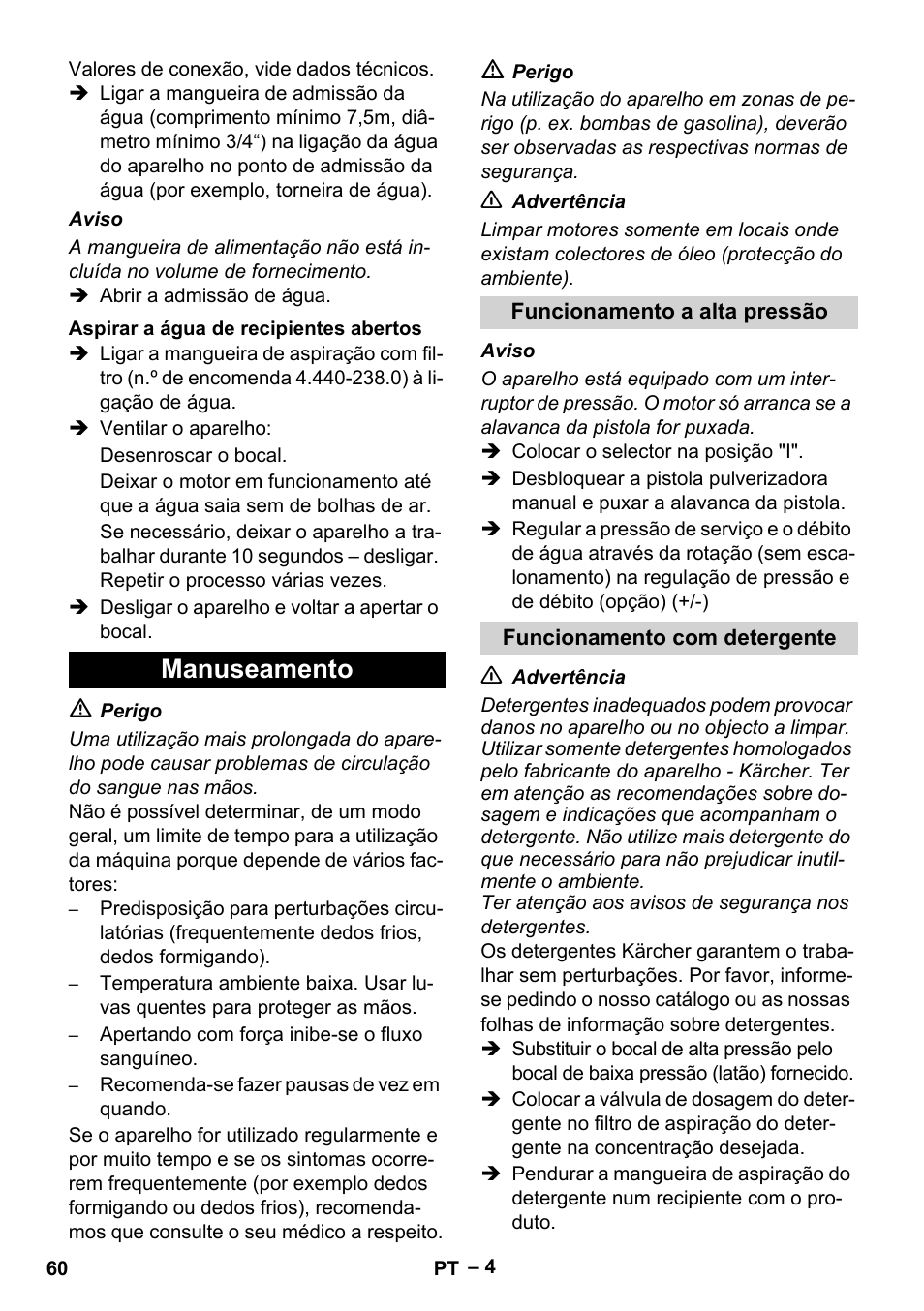 Manuseamento | Karcher HD 10-25-4 Cage Plus User Manual | Page 60 / 238