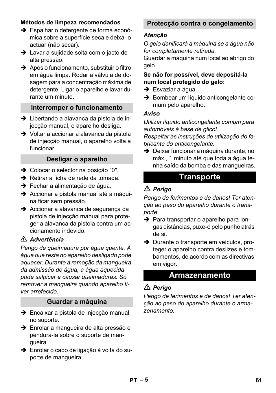 Transporte armazenamento | Karcher HD 10-25-4 Cage Plus User Manual | Page 61 / 238
