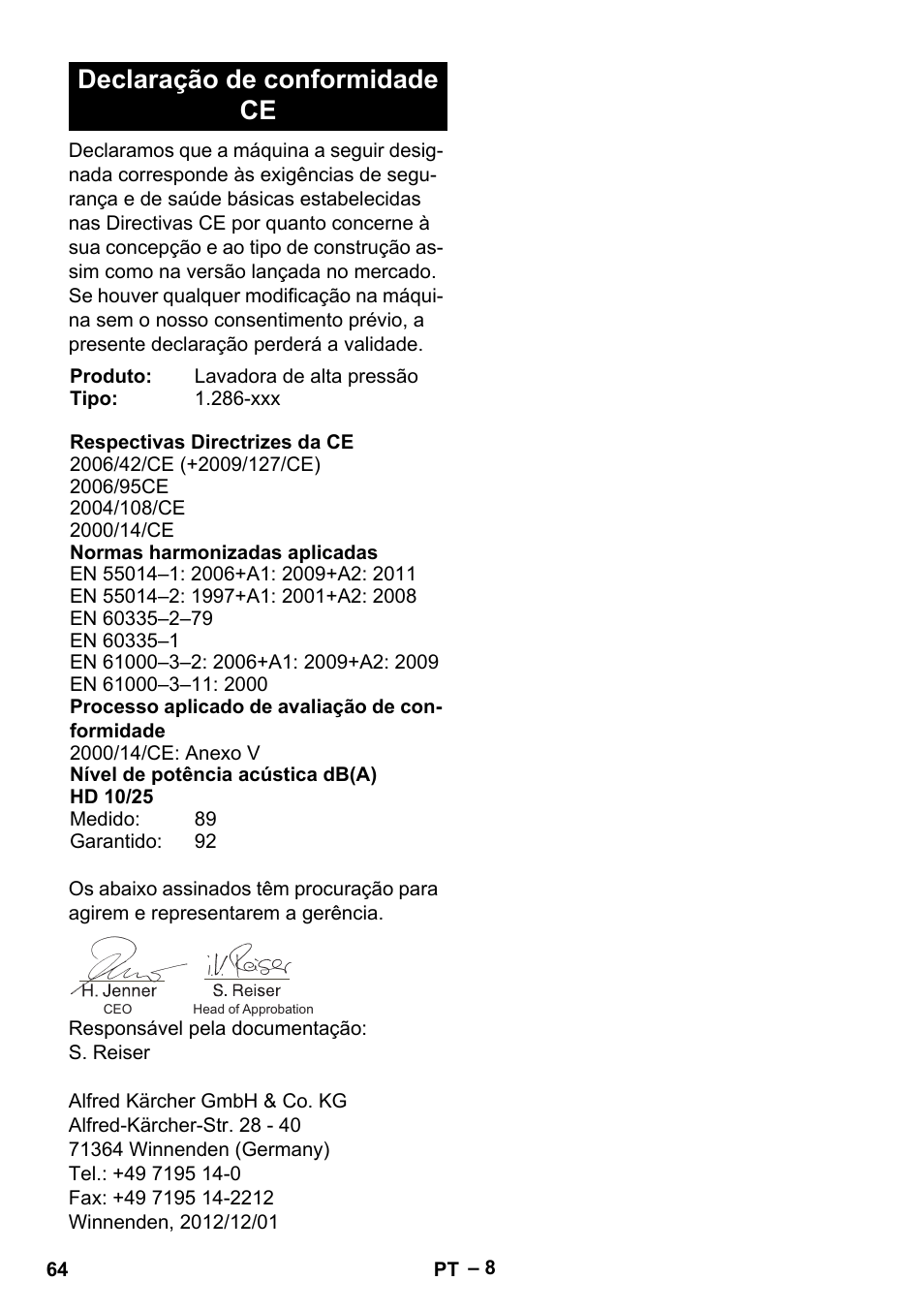 Declaração de conformidade ce | Karcher HD 10-25-4 Cage Plus User Manual | Page 64 / 238