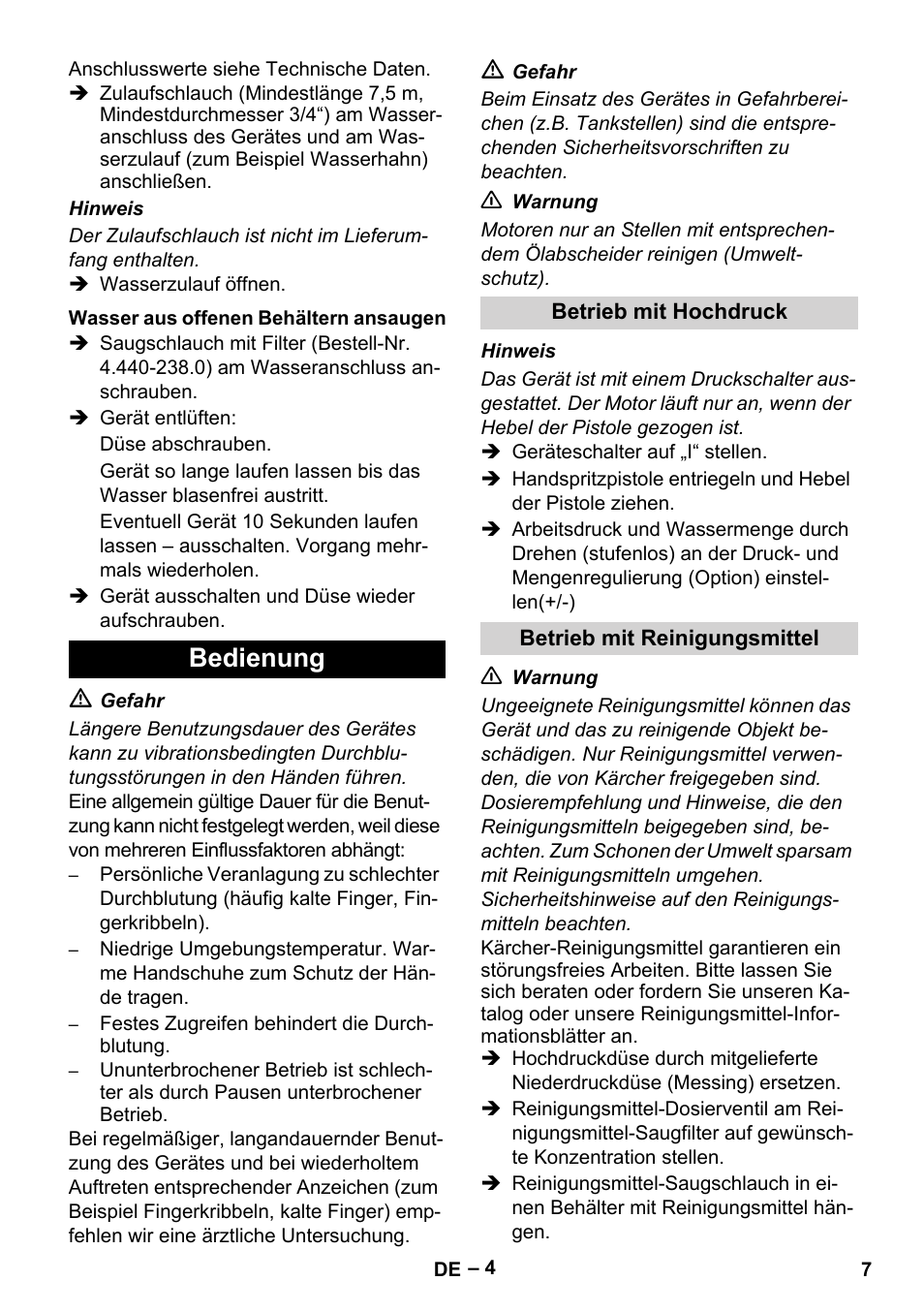 Bedienung | Karcher HD 10-25-4 Cage Plus User Manual | Page 7 / 238