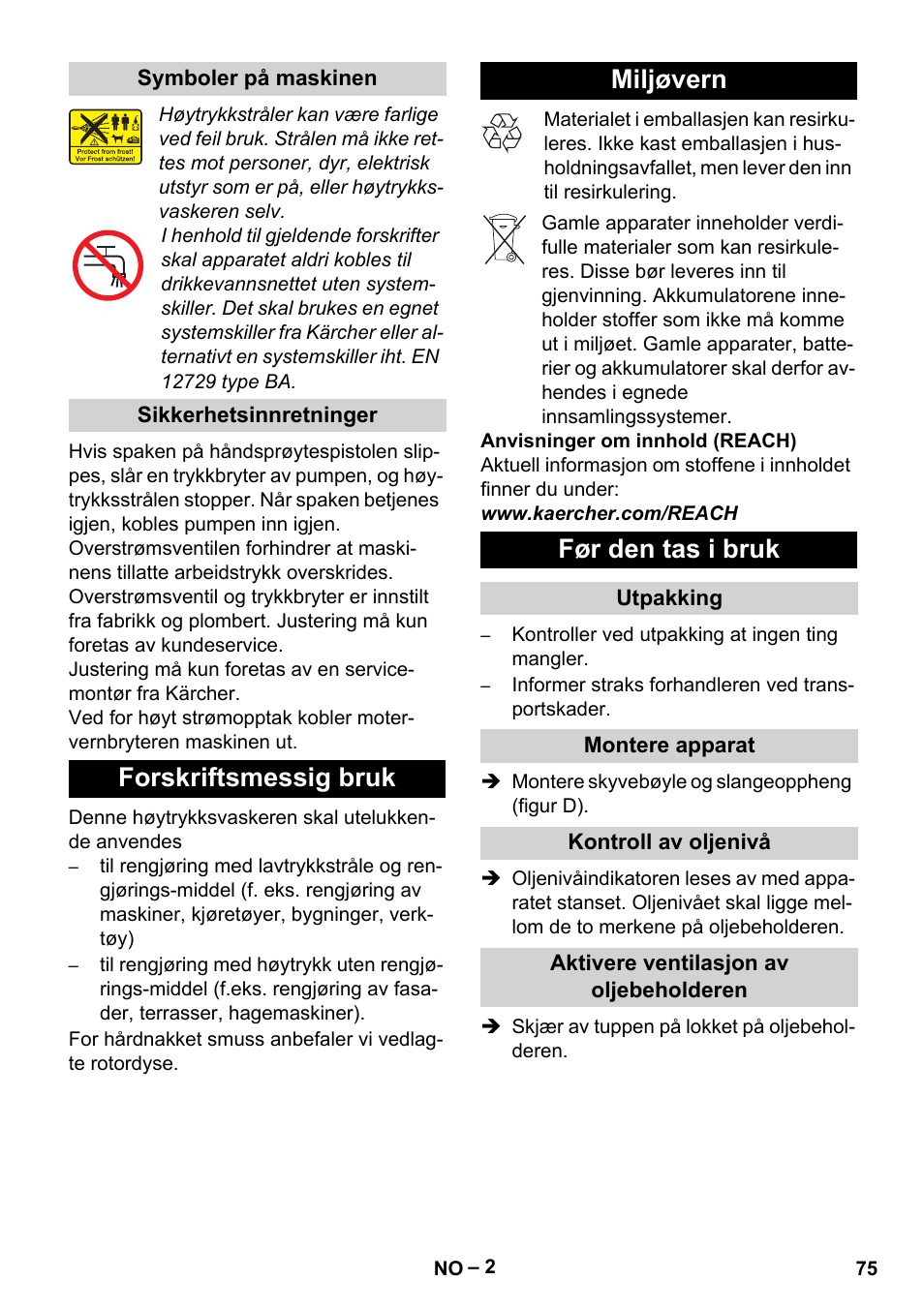 Forskriftsmessig bruk miljøvern før den tas i bruk | Karcher HD 10-25-4 Cage Plus User Manual | Page 75 / 238