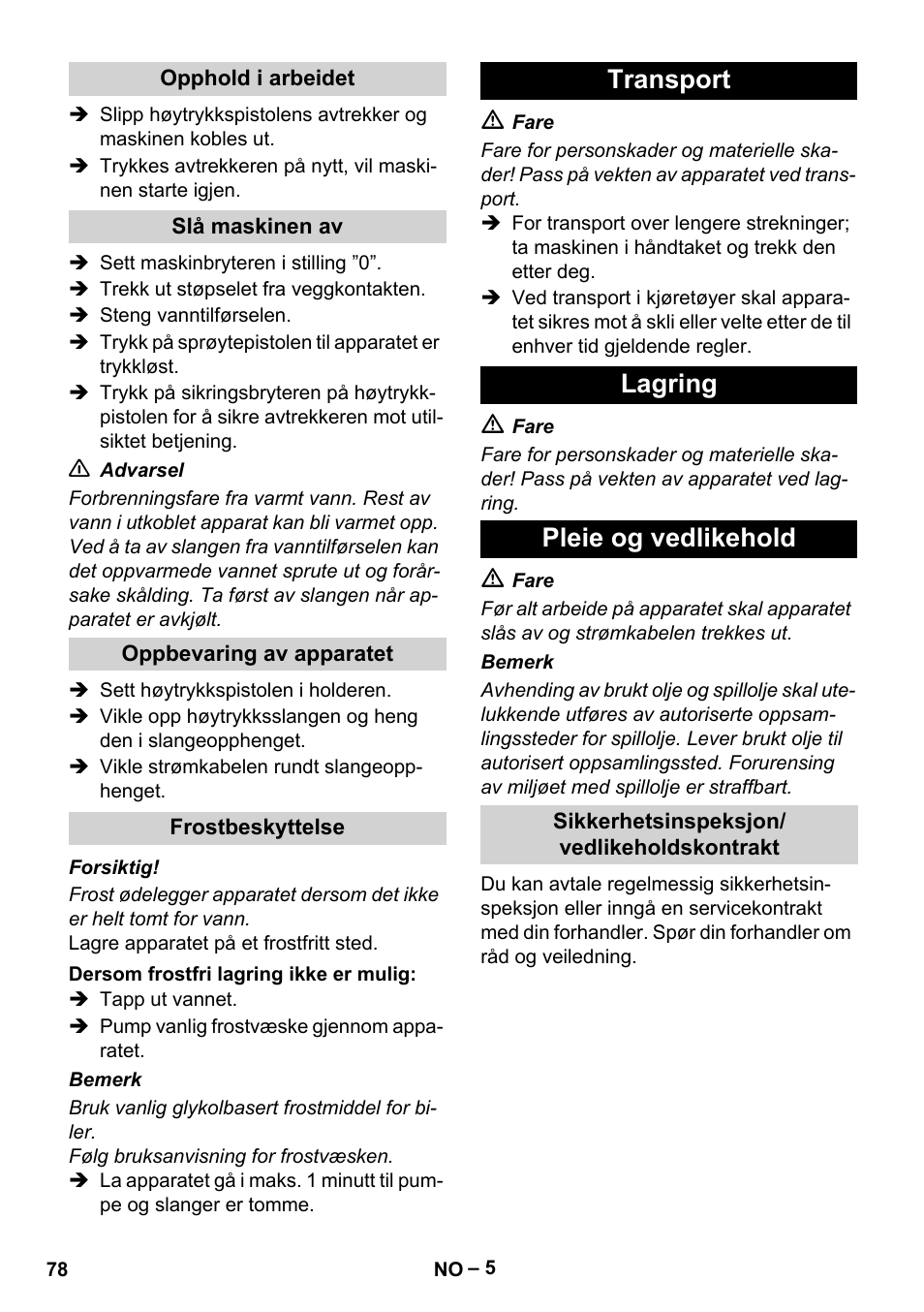 Transport lagring pleie og vedlikehold | Karcher HD 10-25-4 Cage Plus User Manual | Page 78 / 238