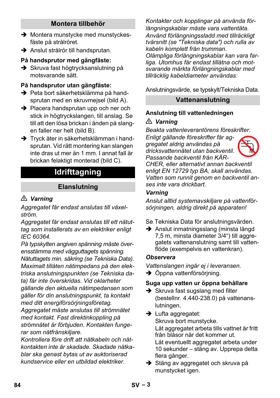 Idrifttagning | Karcher HD 10-25-4 Cage Plus User Manual | Page 84 / 238