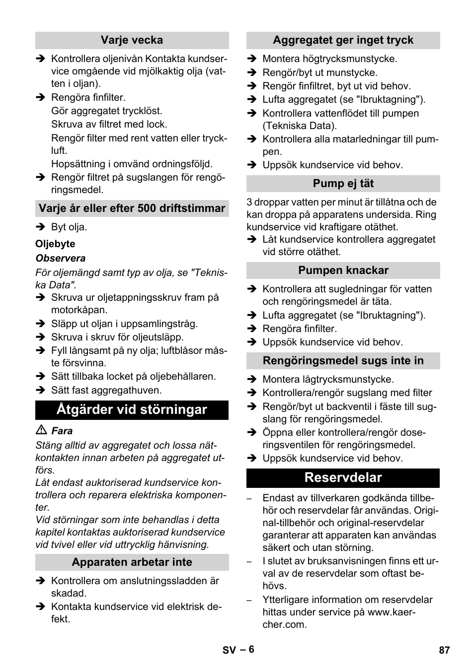 Åtgärder vid störningar, Reservdelar | Karcher HD 10-25-4 Cage Plus User Manual | Page 87 / 238