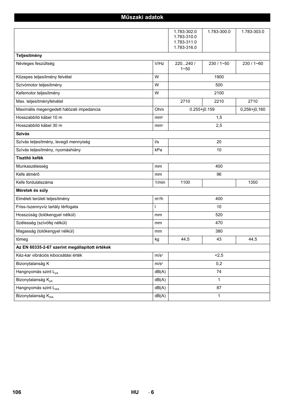 Műszaki adatok | Karcher BR 40-10C ADV User Manual | Page 106 / 196