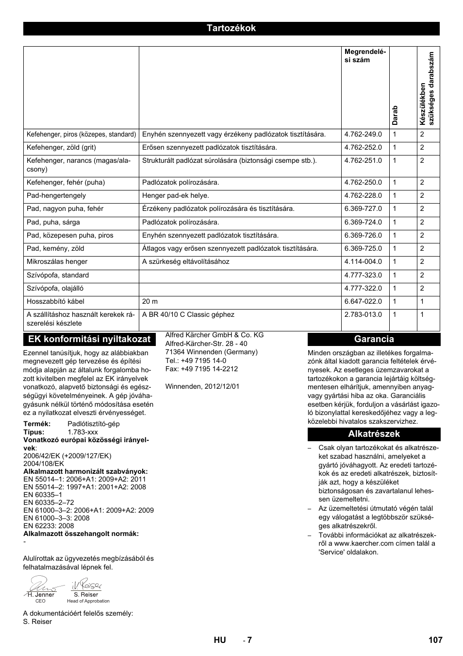 Tartozékok, Ek konformitási nyiltakozat, Garancia alkatrészek | Karcher BR 40-10C ADV User Manual | Page 107 / 196