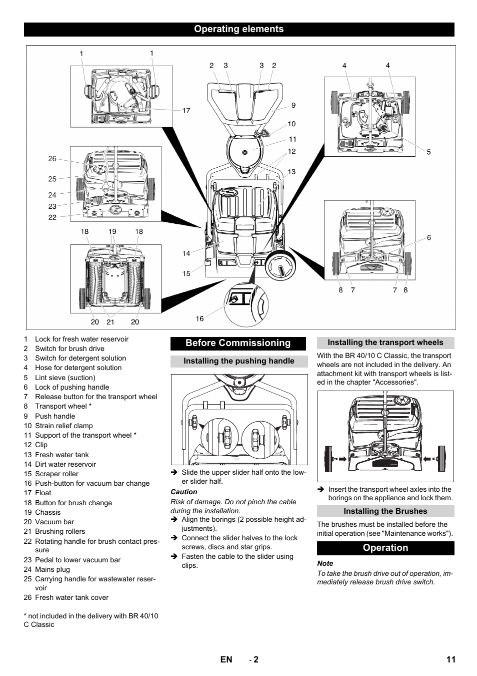 Operating elements before commissioning, Operation | Karcher BR 40-10C ADV User Manual | Page 11 / 196