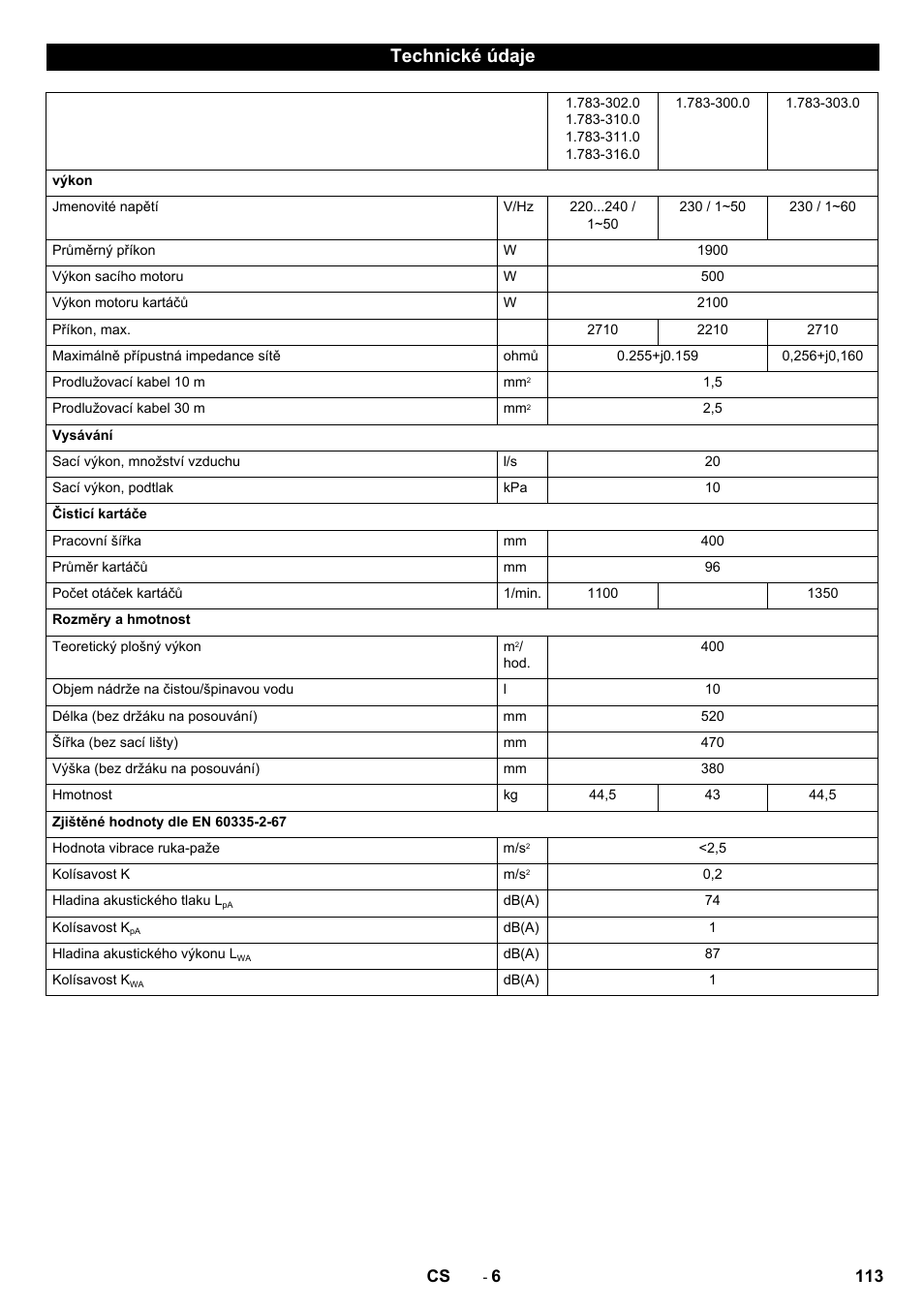 Technické údaje | Karcher BR 40-10C ADV User Manual | Page 113 / 196