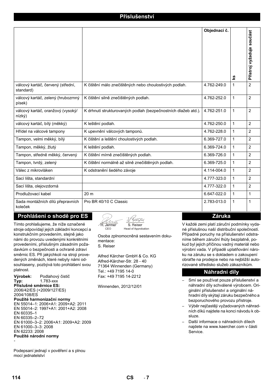 Příslušenství, Prohlášení o shodě pro es, Záruka náhradní díly | Karcher BR 40-10C ADV User Manual | Page 114 / 196