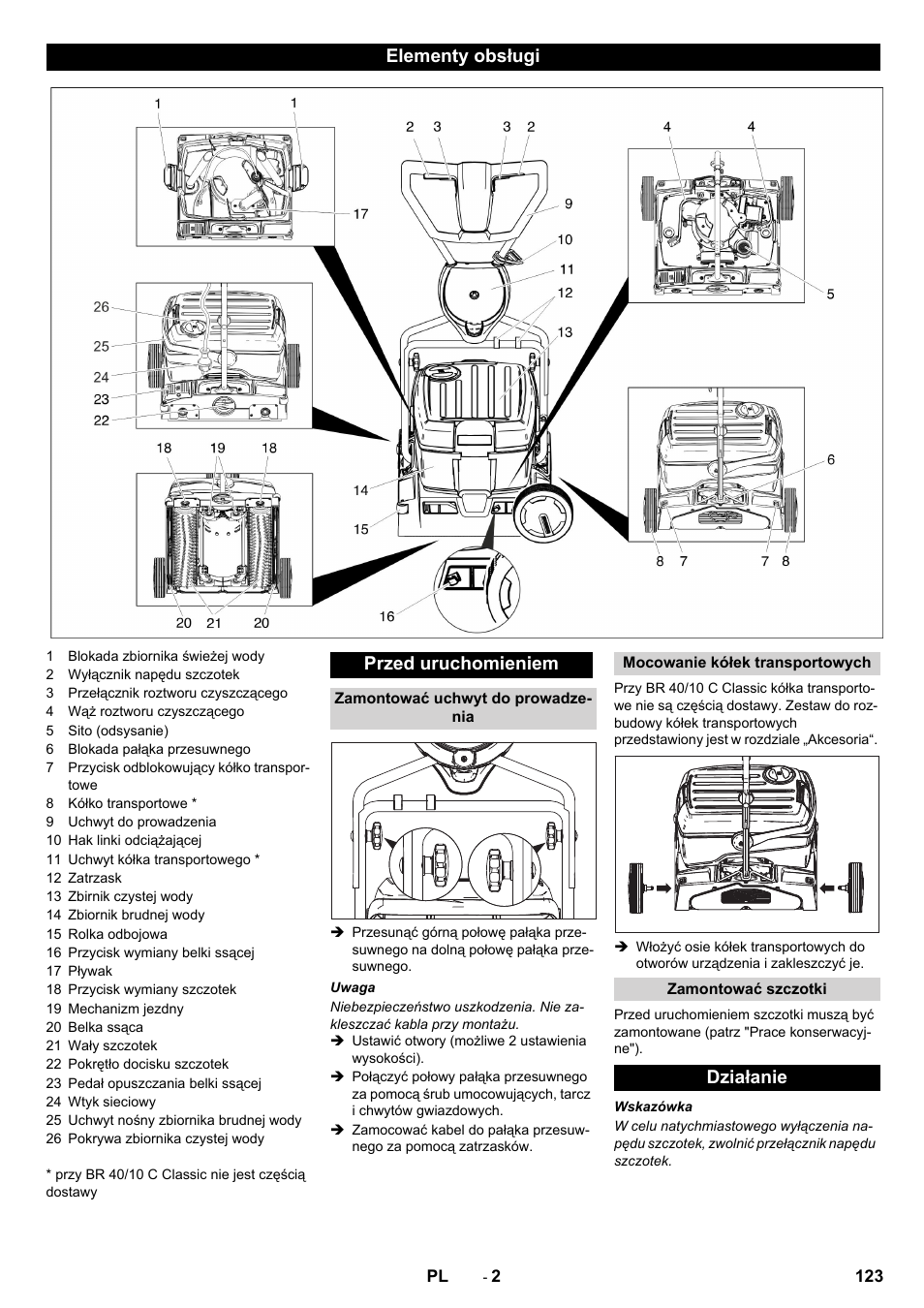 Elementy obsługi przed uruchomieniem, Działanie | Karcher BR 40-10C ADV User Manual | Page 123 / 196