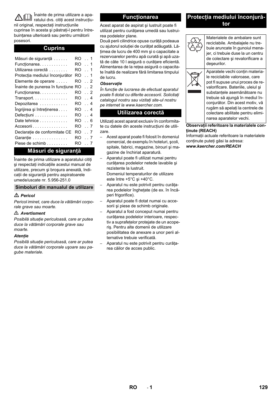 Româneşte, Cuprins, Măsuri de siguranţă | Karcher BR 40-10C ADV User Manual | Page 129 / 196