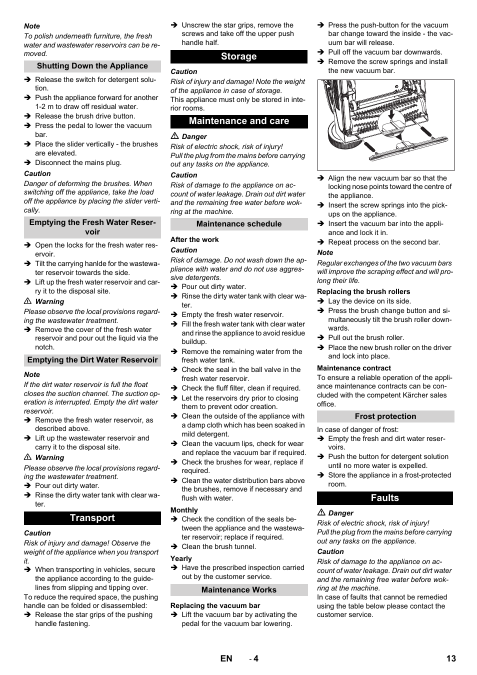 Transport storage maintenance and care, Faults | Karcher BR 40-10C ADV User Manual | Page 13 / 196