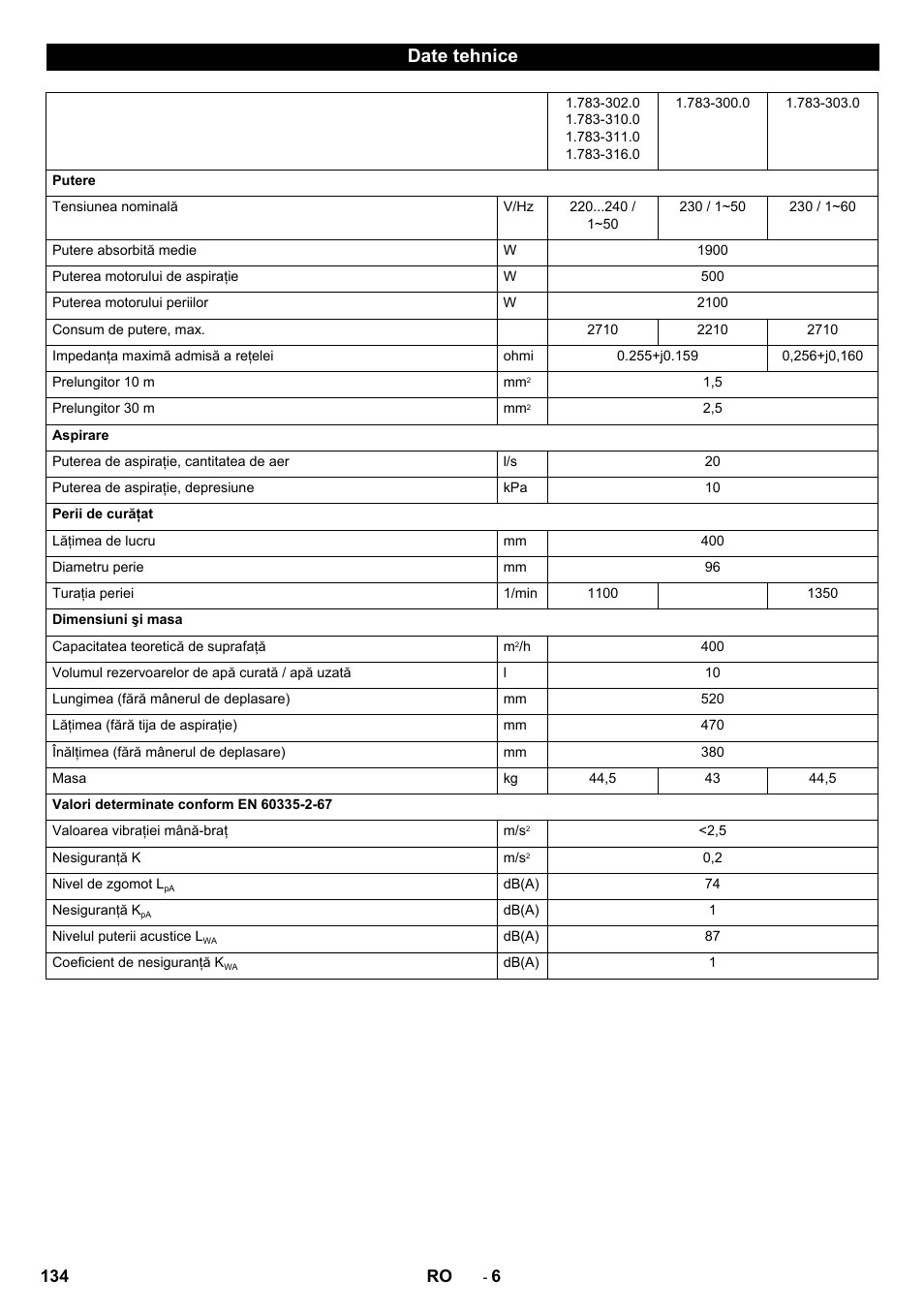 Date tehnice | Karcher BR 40-10C ADV User Manual | Page 134 / 196