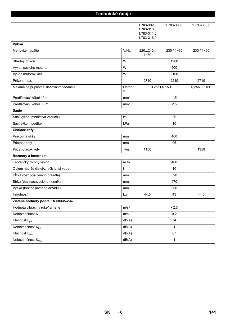 Technické údaje | Karcher BR 40-10C ADV User Manual | Page 141 / 196