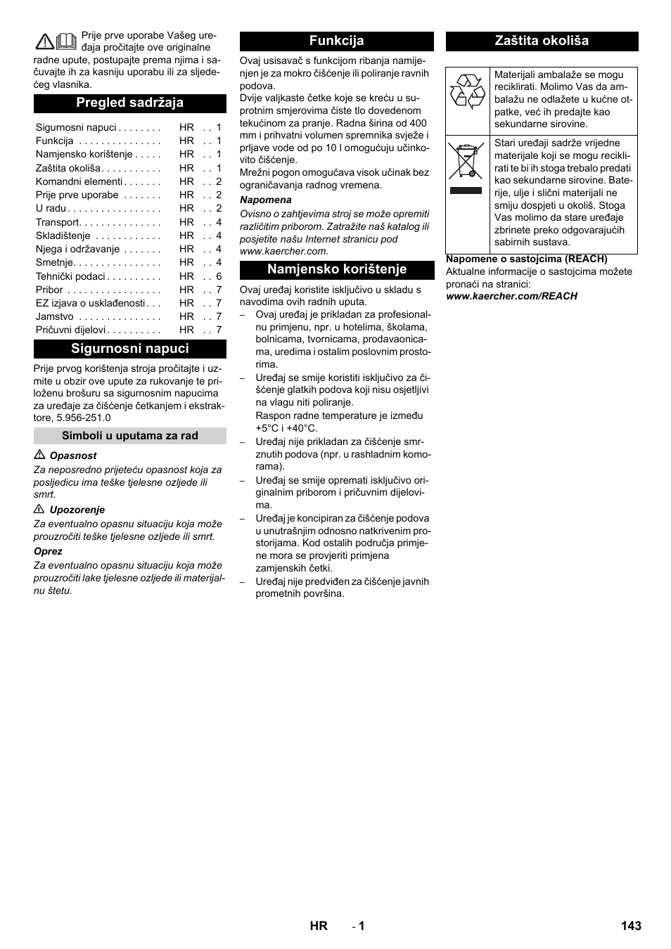 Hrvatski, Pregled sadržaja, Sigurnosni napuci | Funkcija namjensko korištenje zaštita okoliša | Karcher BR 40-10C ADV User Manual | Page 143 / 196