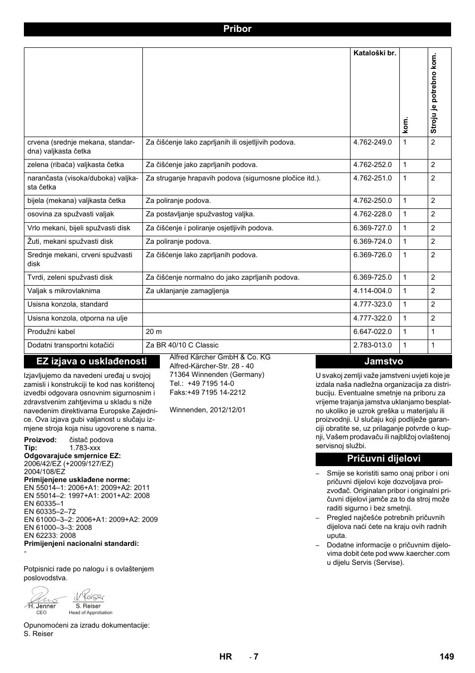 Pribor, Ez izjava o usklađenosti, Jamstvo pričuvni dijelovi | Karcher BR 40-10C ADV User Manual | Page 149 / 196